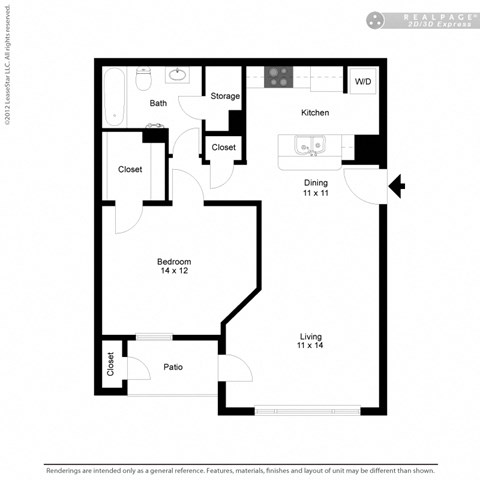 Floor plan for 1 bed, 1 bath, 702 sqft